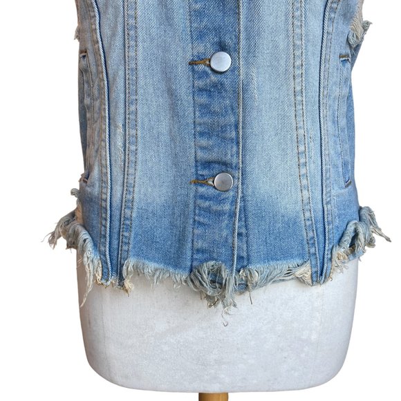 Unif Distressed Shredded Grunge Fringe Denim Festival Rodeo Vest Plaid Patches-S - Picture 5 of 16